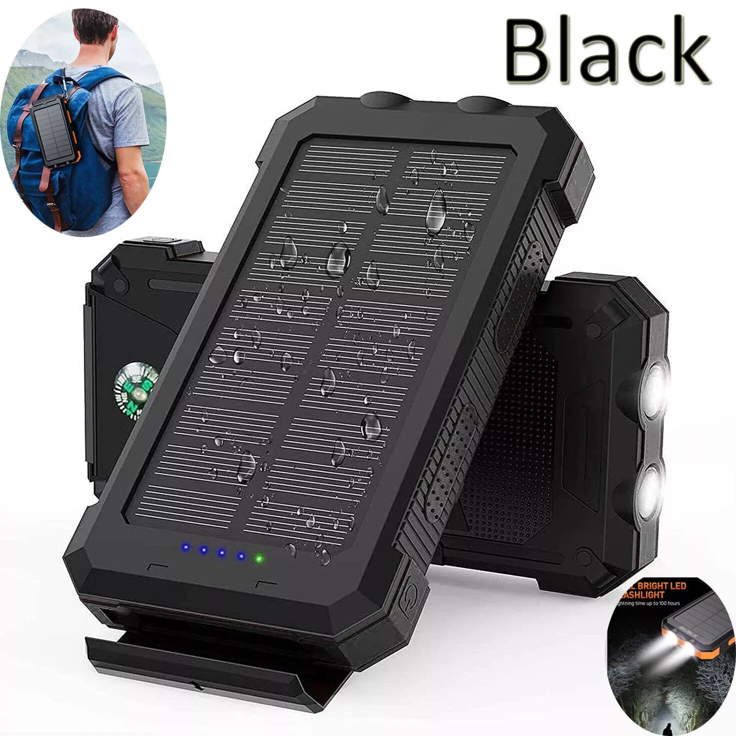 1o000 MAh Solar Power Bank, Waterproof, 2 USB Ports, LED Charger For Mobile Phones