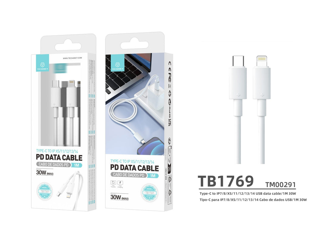 Techancy Cabo Pd De Carregamento Rápido 1m Branco TB1769,Tipo-C Para Ip, Carregamento Rápido De 30w Compatível Com Iphone/Ipad